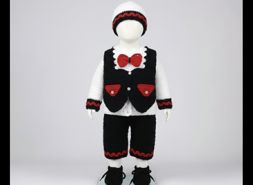 Knitted outfit with vest, pants, and hat 